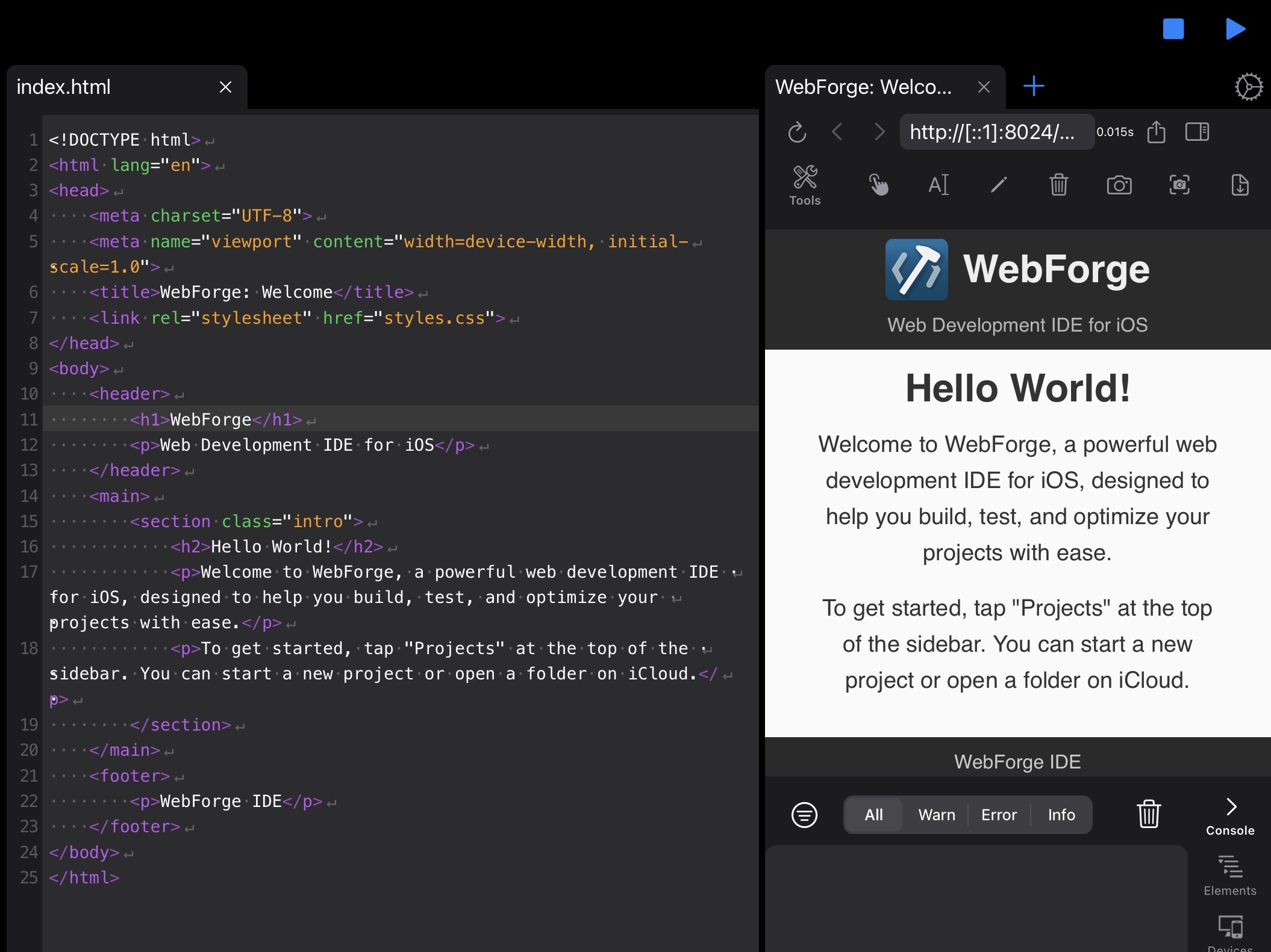 Screenshot of the WebForge editor with open browser
