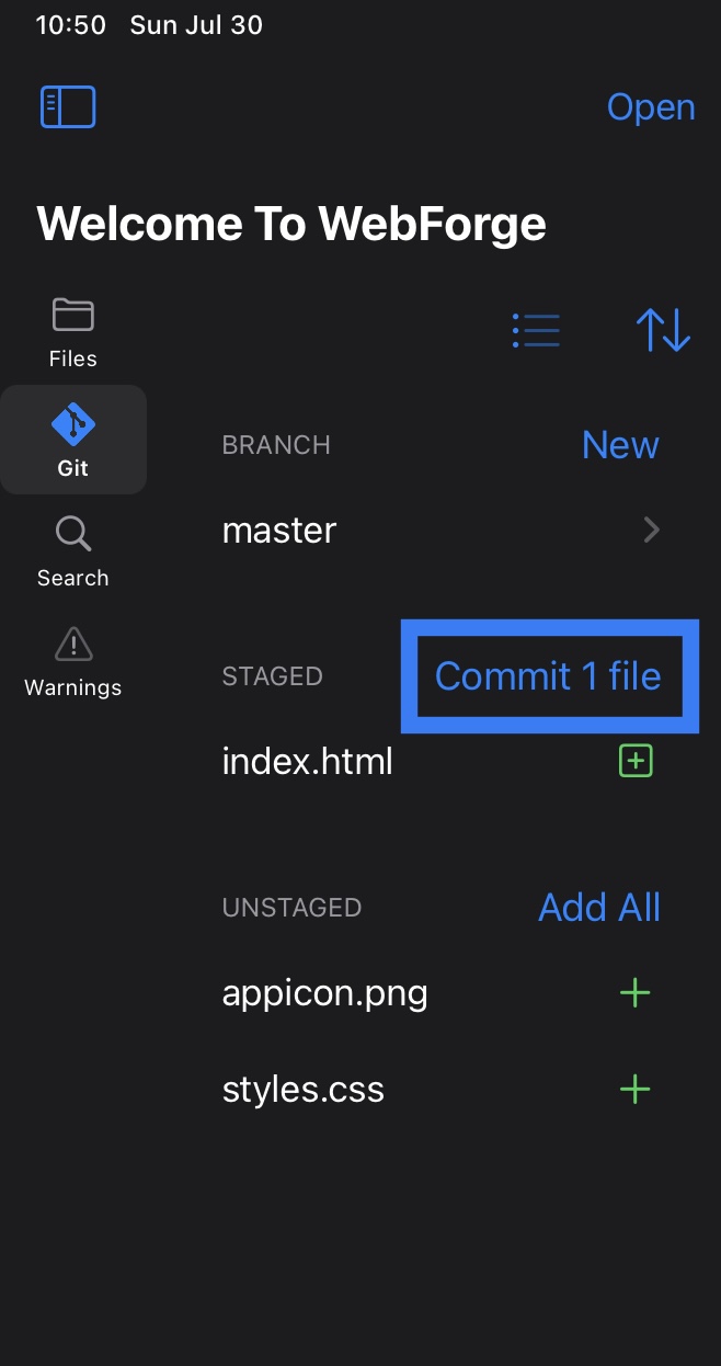 Screenshot of the Git panel and a box highlighting the commit button