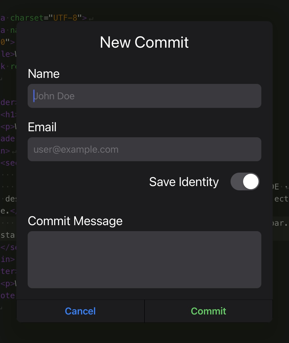 Screenshot of the new commit popup.