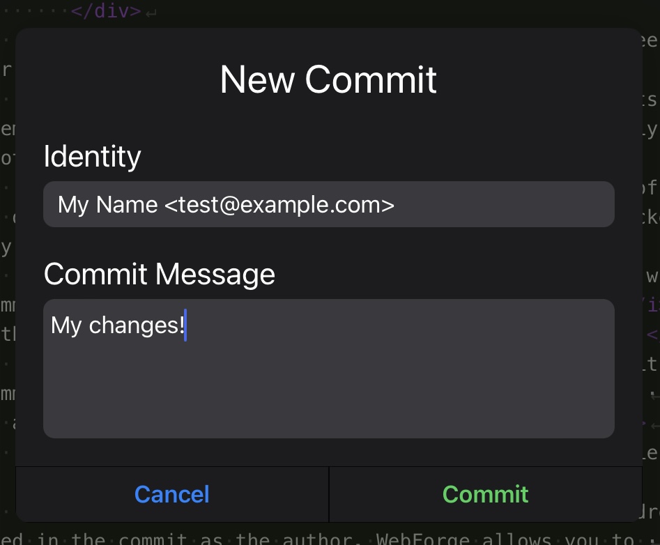 Screenshot of the new commit popup.