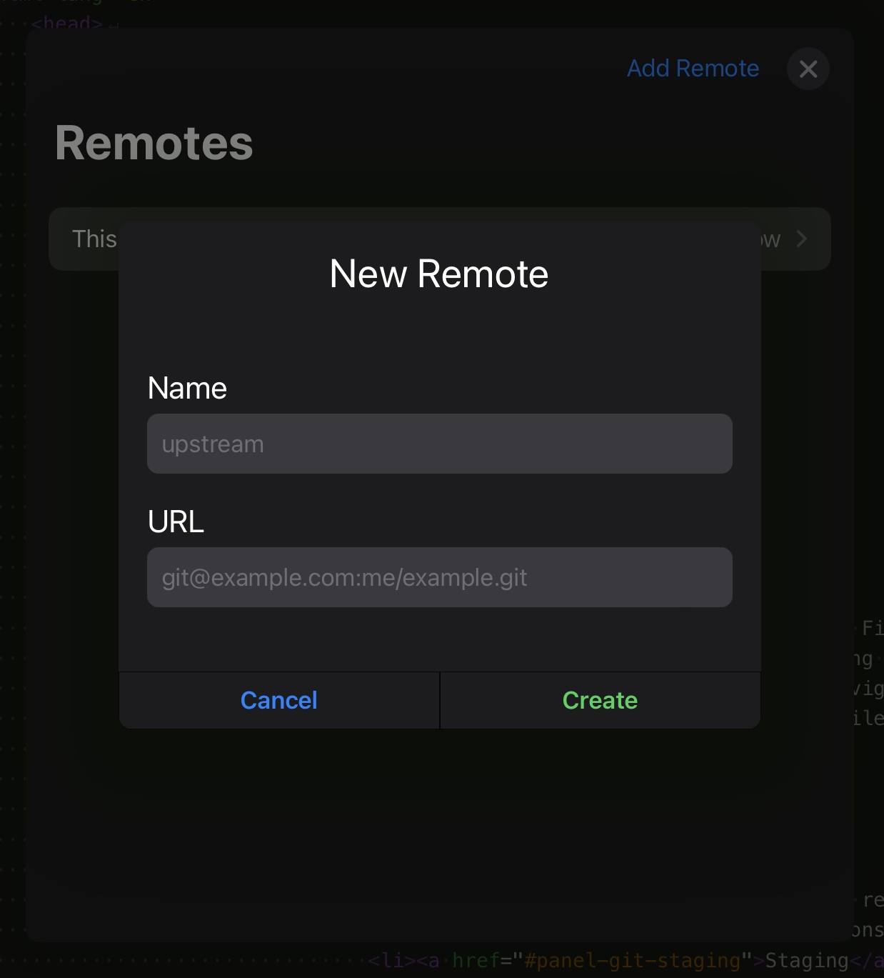 Screenshot of the Git remotes popup