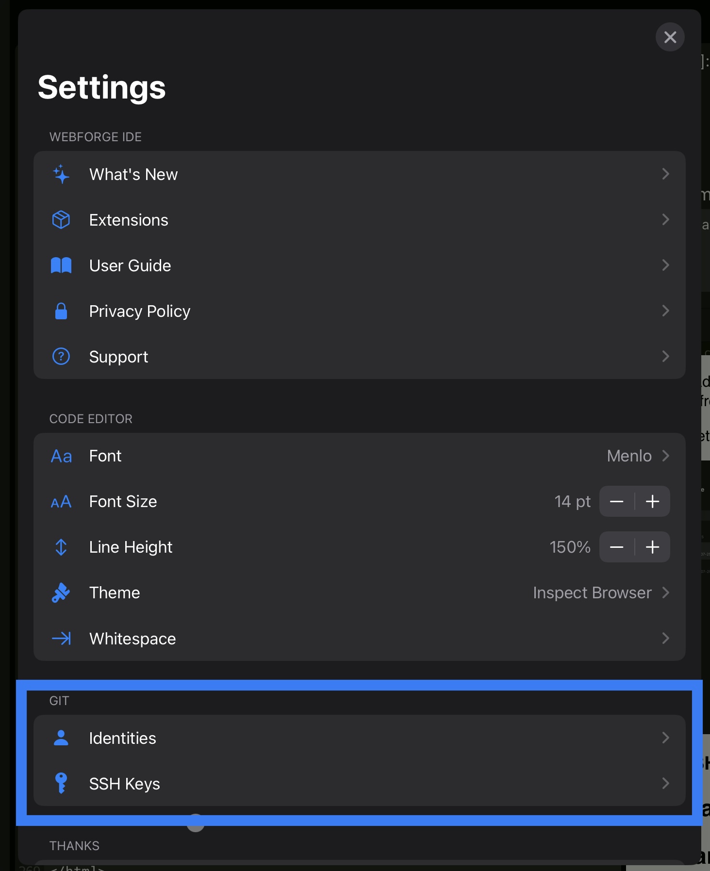 Screenshot of the Git settings section