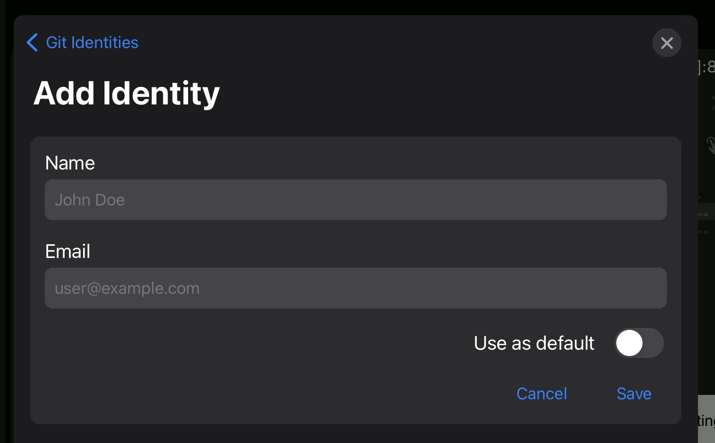 Screenshot of the Git new identity settings screen.